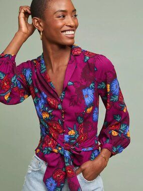 Anthropologie MOULINETTE SOEURS Maisie Purple Floral Wrap Blouse Top, Size 4
